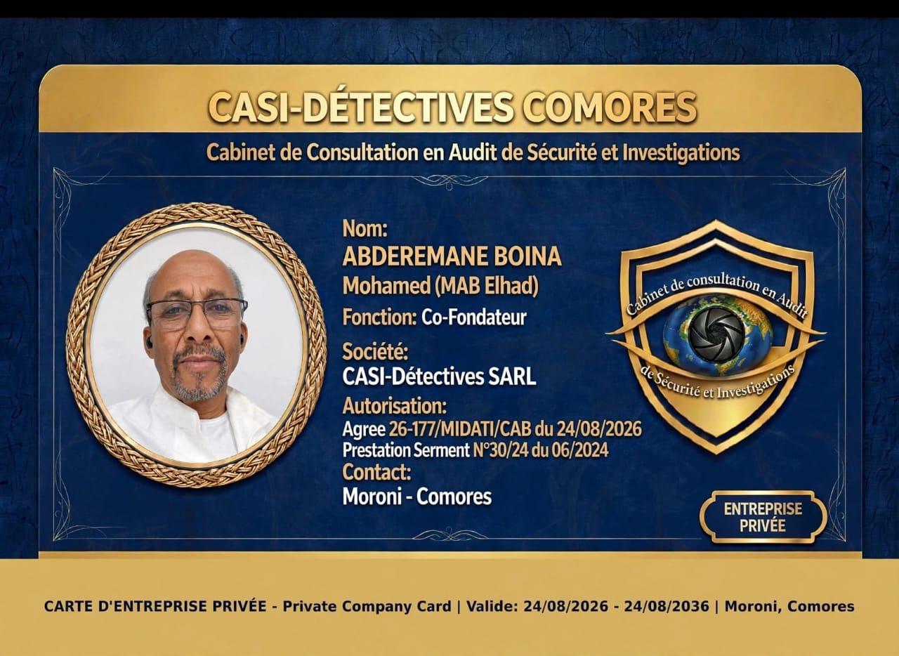 Carte d'entreprise privée CASI-Détectives Comores — Abderemane Boina Mohamed (MAB Elhad), Co-Fondateur, agrée 26-177/MIDATI/CAB du 24/08/2026