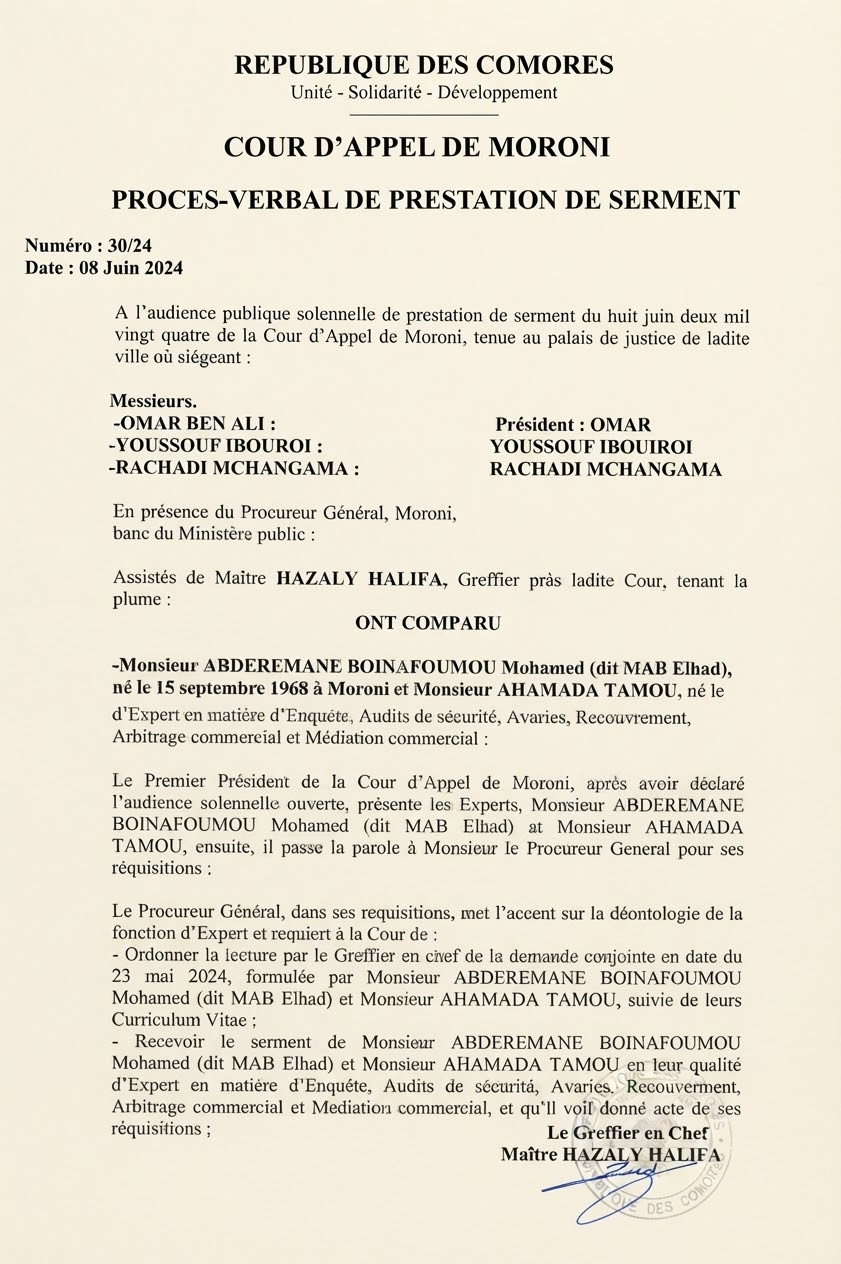 Procès-verbal de prestation de serment numéro 30/24, Cour d'Appel de Moroni, 8 juin 2024