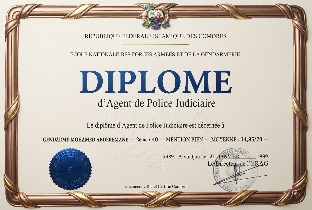 Diplôme d'Agent de Police Judiciaire — Gendarme Mohamed Abderemane, École Nationale des Forces Armées et de la Gendarmerie, Voidjou, 21 janvier 1989
