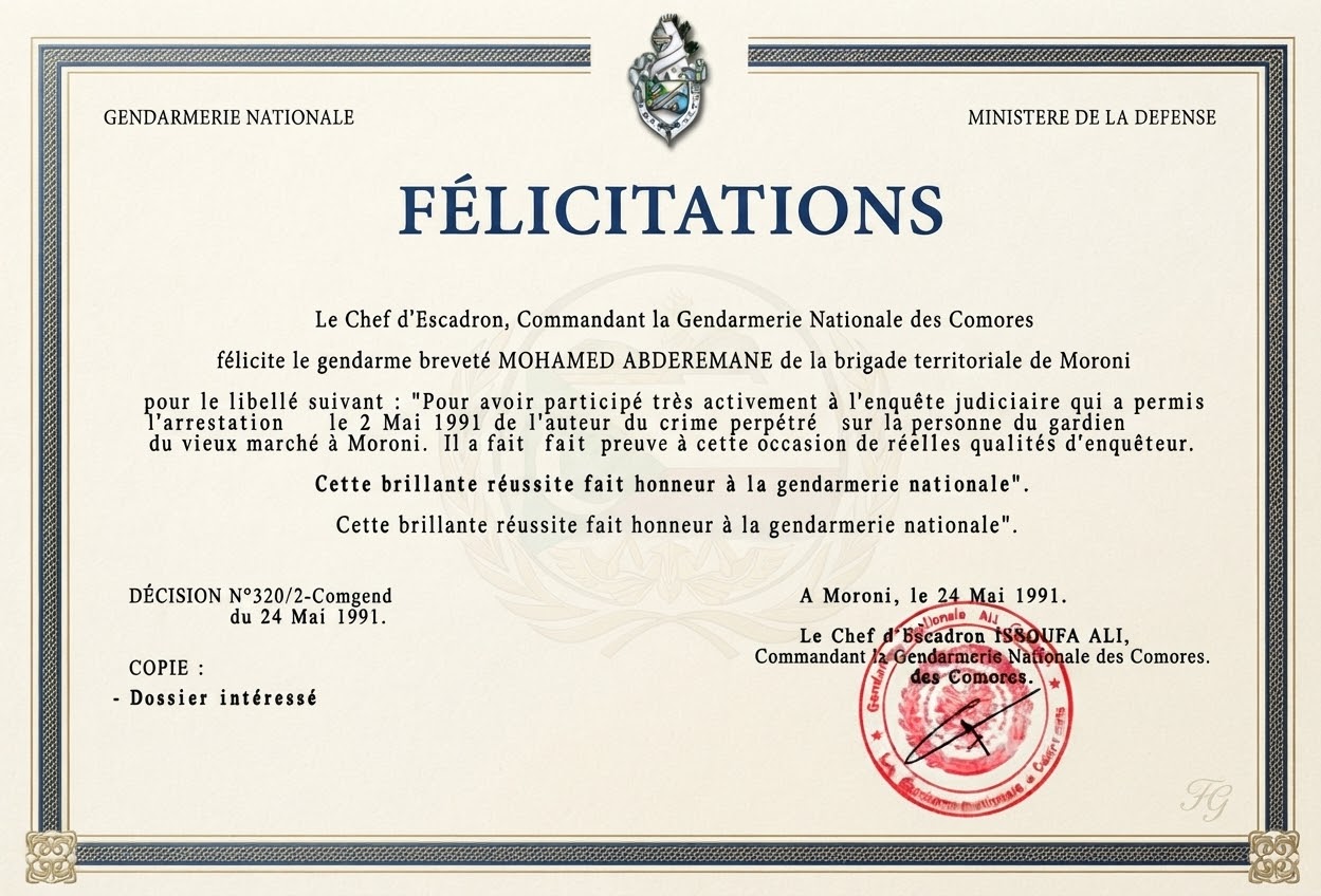 Félicitations du Chef d'Escadron, Commandant la Gendarmerie Nationale des Comores — gendarme breveté Mohamed Abderemane, Moroni, 24 mai 1991