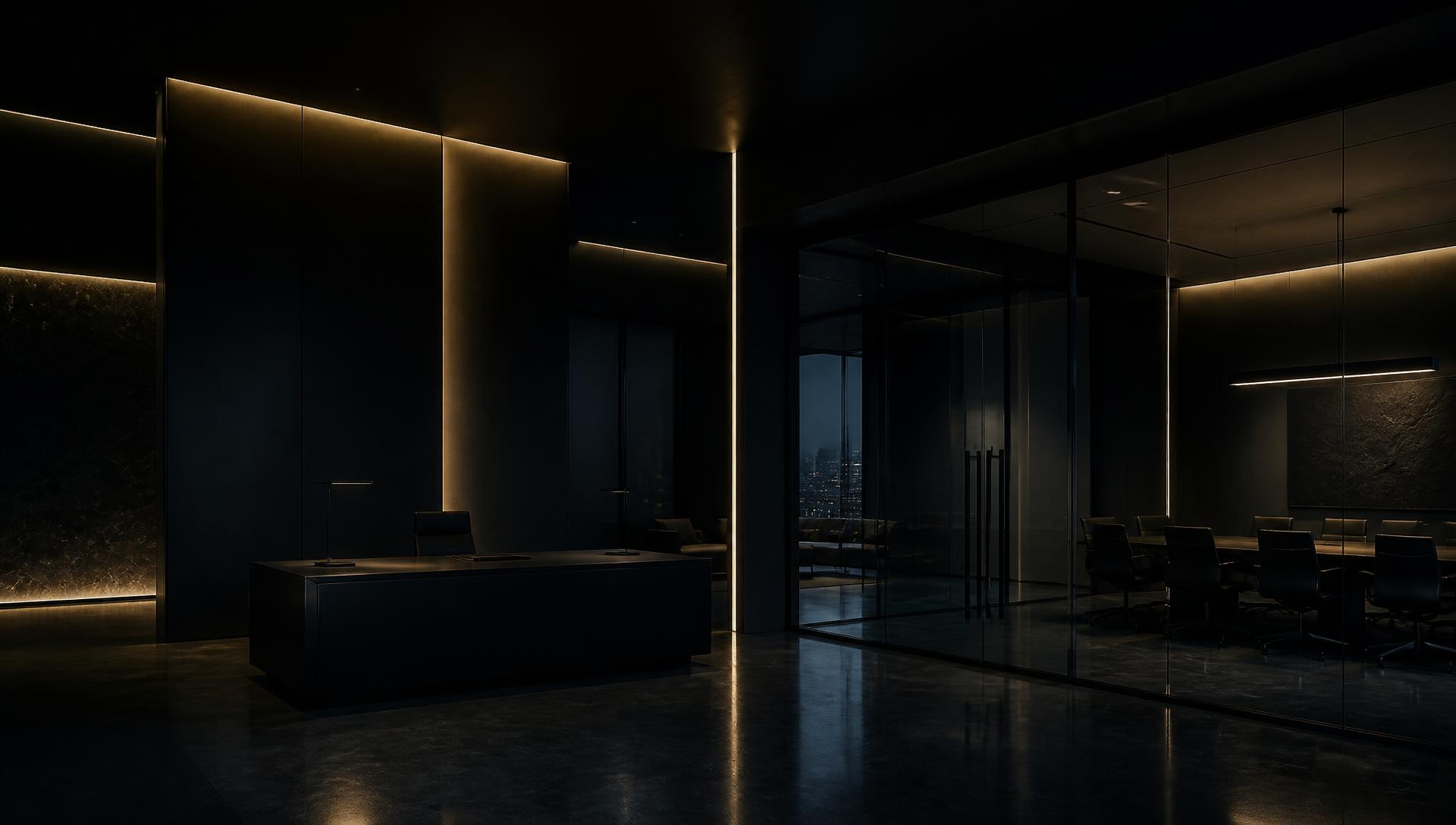 Bureau feutré d'un cabinet d'intelligence stratégique la nuit